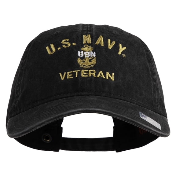 USN Veteran Military Embroidered Washed Solid Pigment Dyed Cotton Twill Brass Buckle Cap - Black OSFM