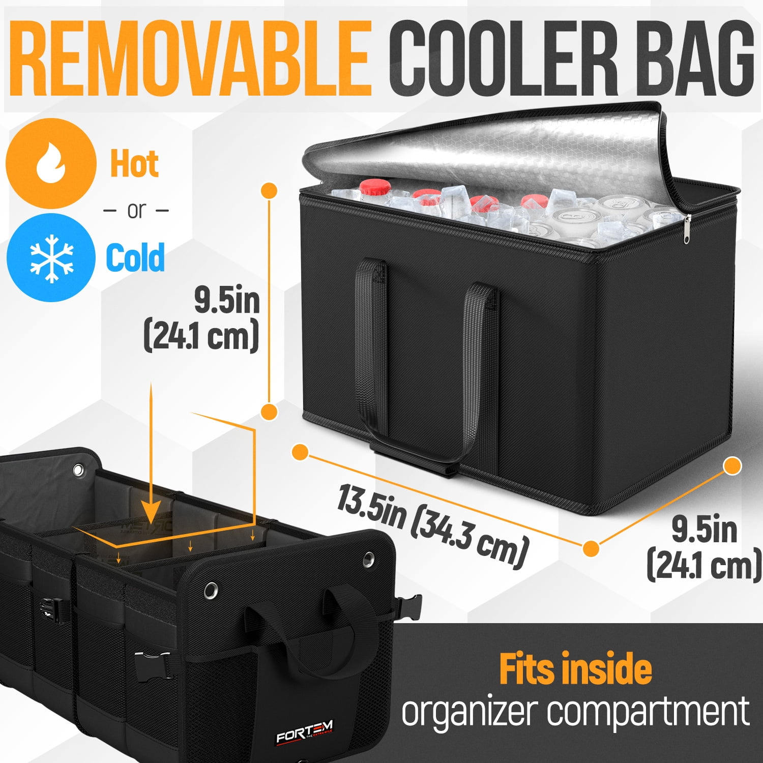FORTEM SUV Trunk Organizer with Cooler, Car Organizer, Collapsible Multi-Compartment Storage Bag for Car Accessories for Women Men, 1680D Oxford, Non Slip Bottom, Adjustable Straps Soft Cover (110L)