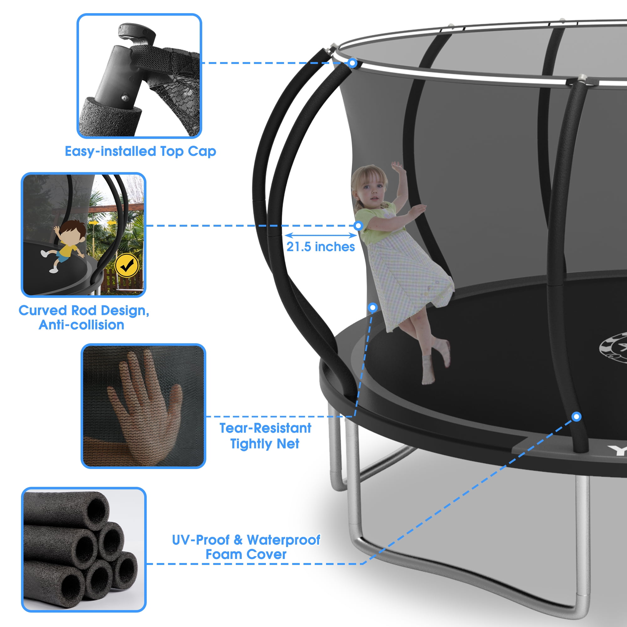 YORIN Trampoline for 3-4 Kids, 10FT 16FT 12FT 14FT Trampoline for Adults with Enclosure Net, Ladder, Light, 1000LBS Weight Capacity Outdoor Round Recreational Trampoline, Heavy Duty Trampoline