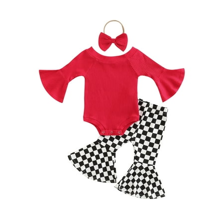 

jaweiwi 3Pcs Baby Girls Romper Outfit Set Solid Color Long Sleeve Flared Cuff Jumpsuit + Checkerboard Plaid Bell-bottomed Pants + Headwear Size 0 6 12 18 24 M 3 Years