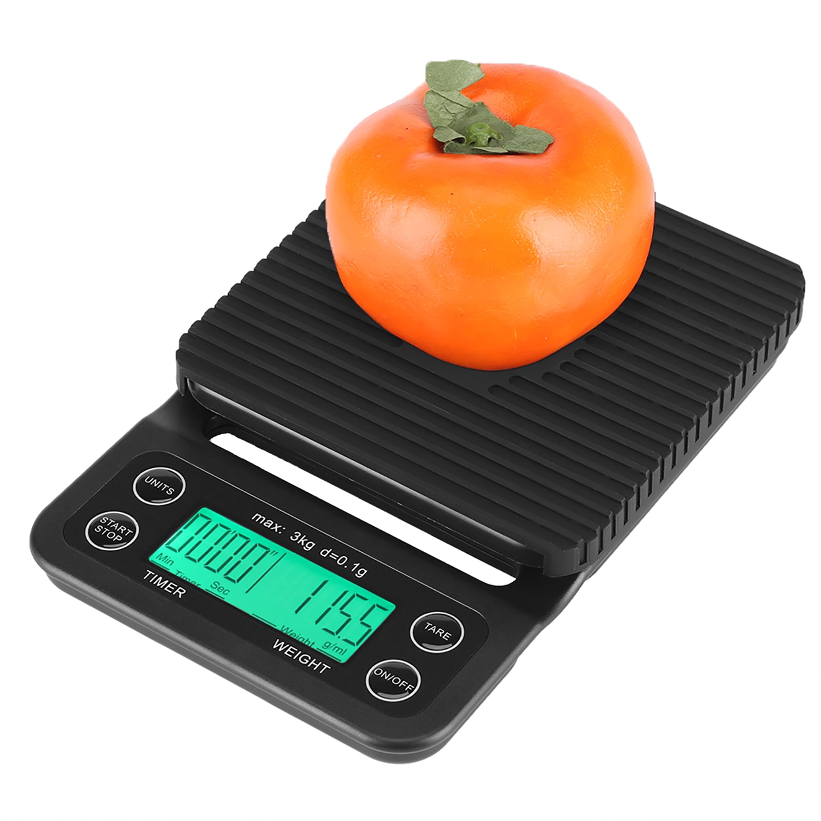 LAZIOEGR 3KG/0.1g Electronic Digital Kitchen Food Scale, Drip Coffee Weighing with Built-In Timer, Green Backlight LCD Screen, Black Body, Unit Conversion g/ml/oz/lb, 9.06 inches / 23 cm Length