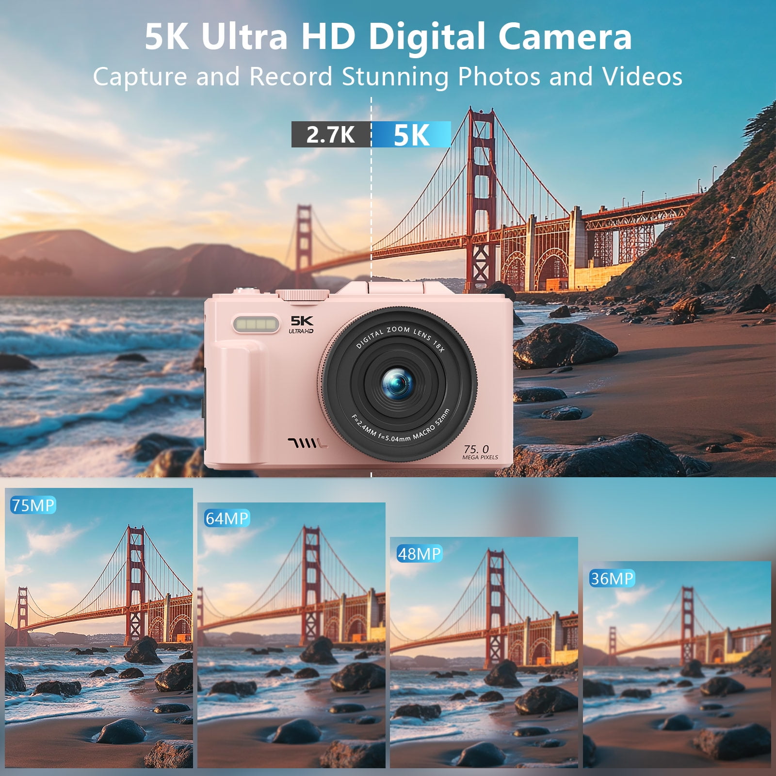 Saneen Digital Camera 5K 75MP WiFi Vlogging Cameras for You Tube 3''180° Flip Screen 18X Zoom with 32GB Card for Beginners Pink