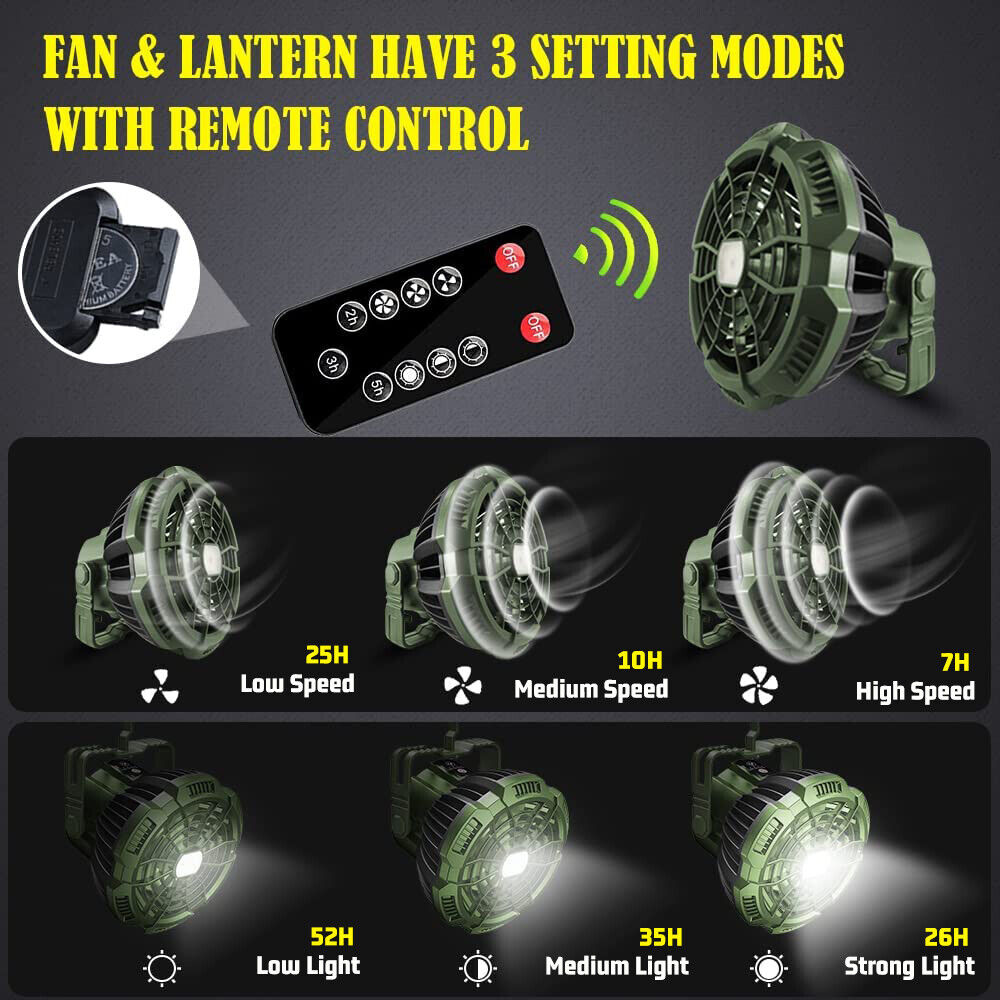 IC ICLOVER Outdoor Portable Tent Fan LED Light Rechargeable Hanging Camping Lantern + Remote