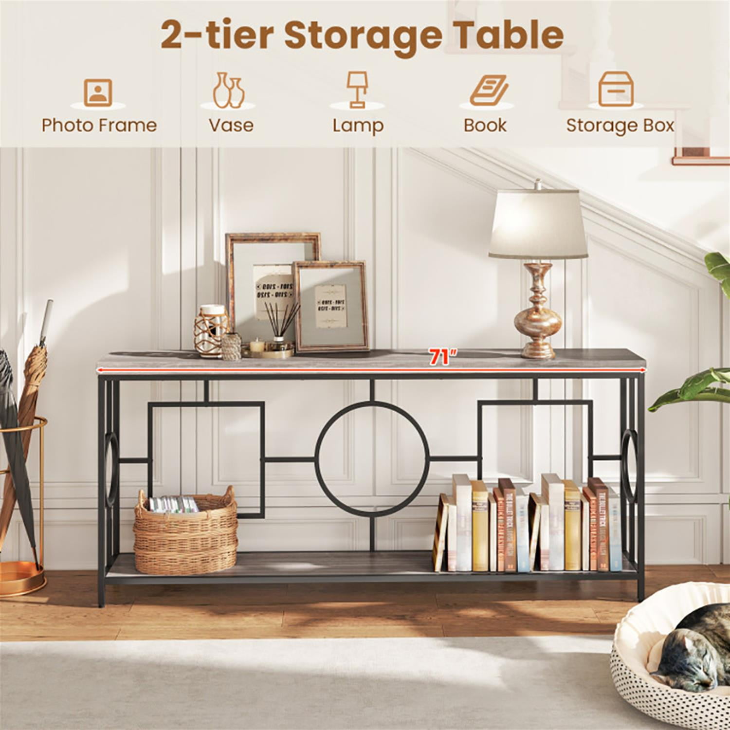 Demi Bonn Modern Console Table for Entryway, 2-Tier Faux Marble Top Metal Frame Sofa Table with Storage Shelf for Hallway for Living Room, Hallway, Office, Brown