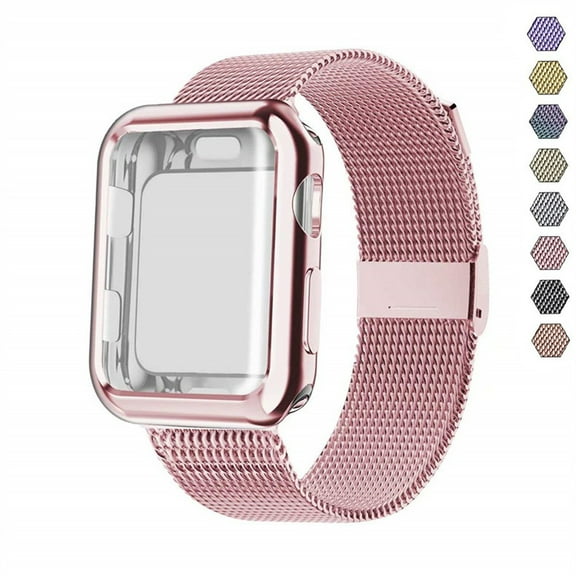 LEIXIUER Compatible with Apple Watch Band 38mm Milanese Band with Screen Protector Case for Series 3,2,1,pink gold