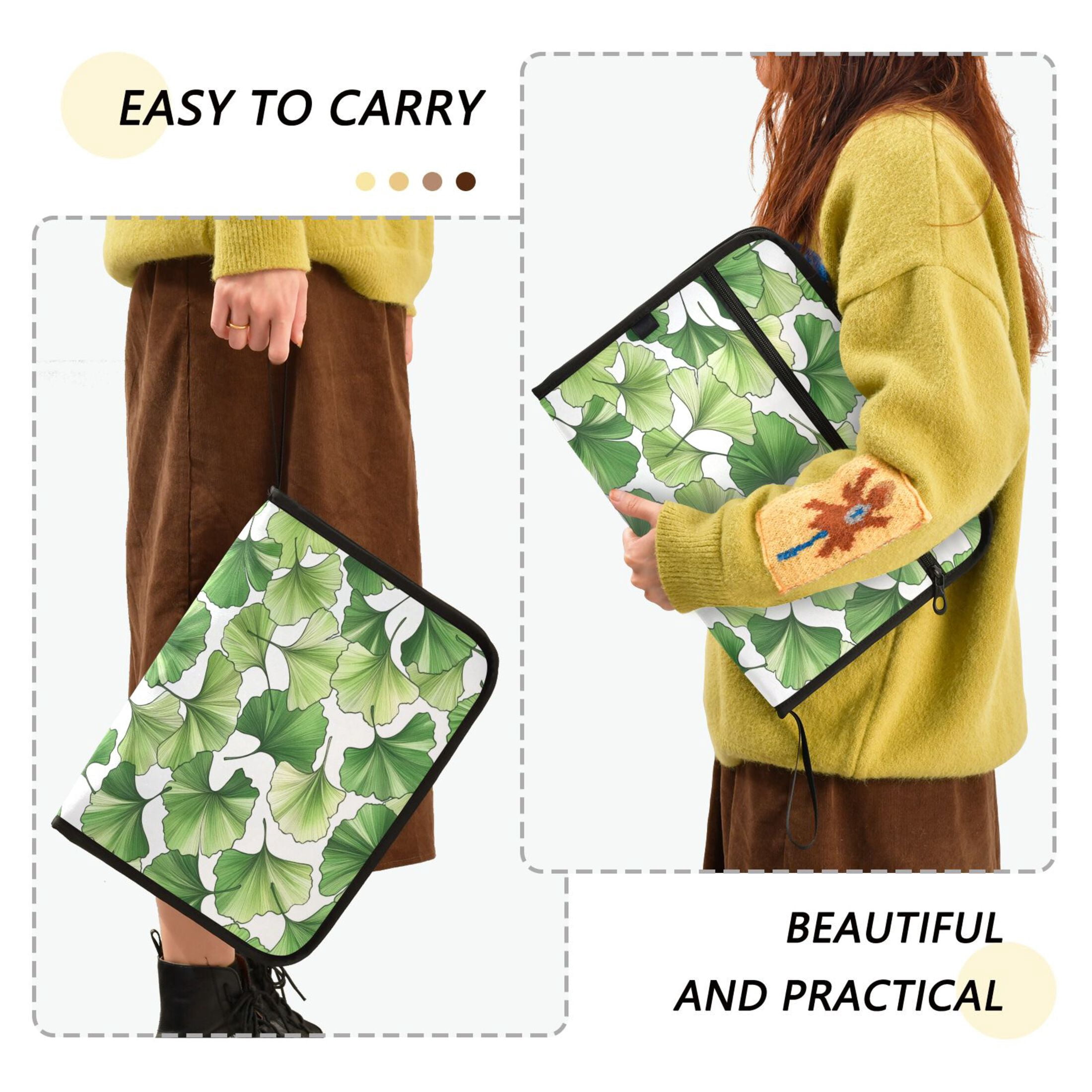 Accordion File Organizer with Zip Closure 13 Pockets Expanding File Folder Letter A4 Paper Document Organizer for Home Office Green Ginkgo Biloba