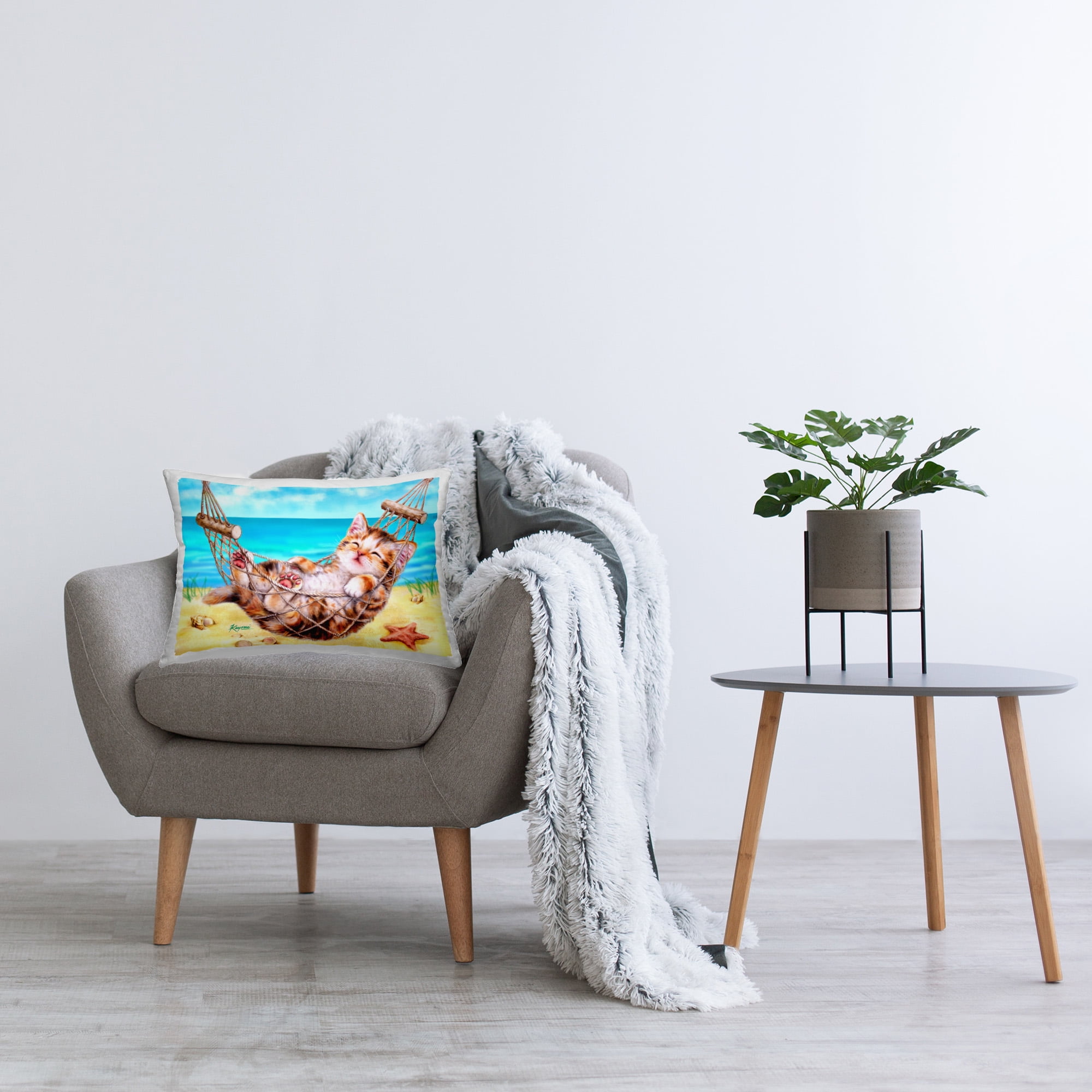 Stupell Industries Kitten & Beach Hammock Decorative Printed Throw Pillow Design by Kayomi Harai