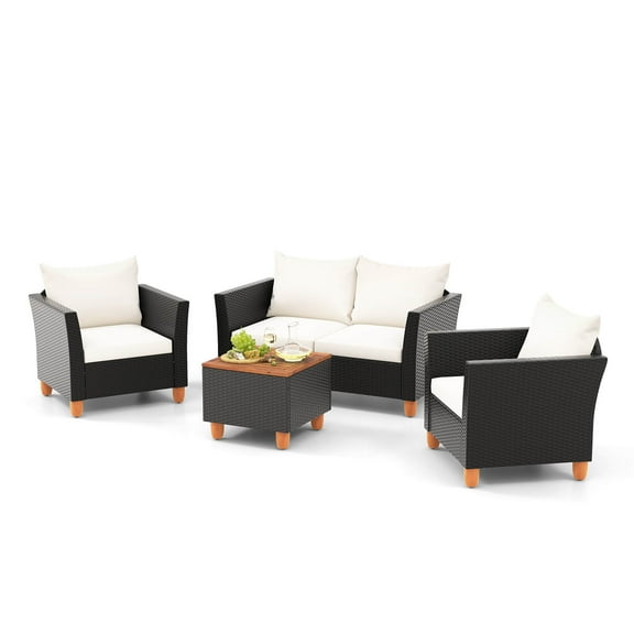 Costway 4 PCS Wicker Patio Furniture Set with Removable Cushions Storage Coffee Table White