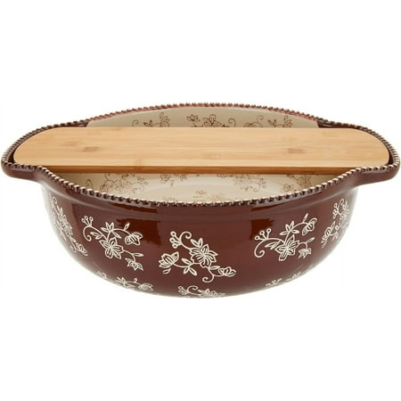 

4.5 Qt Chop & Serve Bowl W/ Bamboo Cutting Board & Plastic Cover (Floral Lace Chocolate)