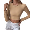 thumbnail image 1 of Camiseta de mujer con cuello redondo y espalda abierta, camisa ajustada de manga larga, color puro para fiesta en casa, color caqui L, 1 of 6