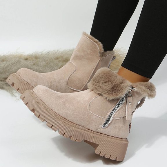 AVRNLIQ Women’s Comfortable Platform Ankle Boots - Winter Warm, Mesh Upper with Plush Lining, Side Zipper, Khaki, Size 43, Suitable for Fall/Cold Weather Casual Wear