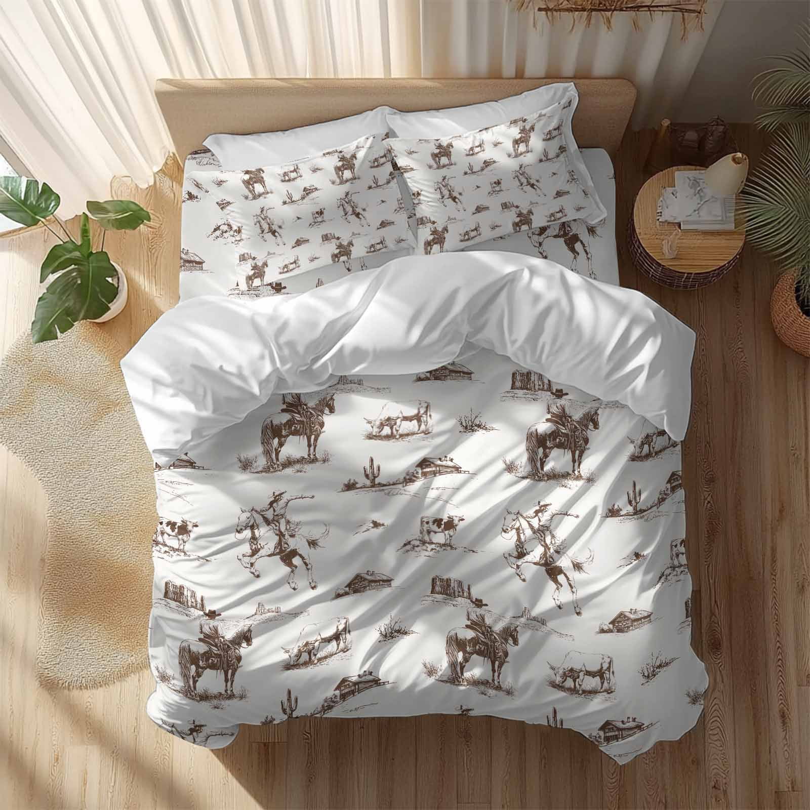 Western Cowboy Duvet Cover Set California King Size Retro Brown Desert Ethnic Horse Soft Lightweight Comforter Covers 4 Piece Bedding Set with 1 Duvet Cover 1 Bed Sheet & 2 Pillow Shams