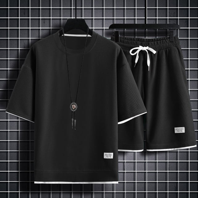WILLBEST Traje Deportivo Informal de Manga Corta de Verano para Hombre, Traje de Dos Piezas con Camisa Holgada y Pantalones Cortos