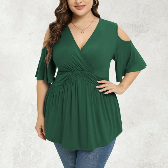 Wycnly Womens Blouses and Tops Dressy Empire Waist Plus Size Swing Cold Shoulder Tunic Shirts 2024 Summer V-Neck Short Sleeve Floral Print Casual Blouses Army Green XL