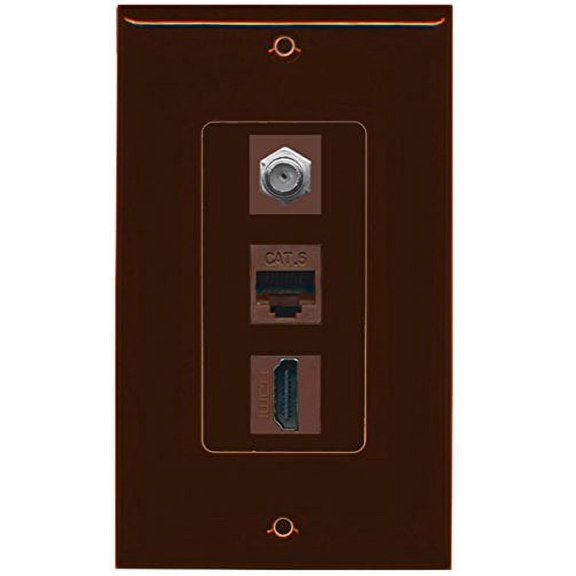 RiteAV Decorative 1 Gang Wall Plate (Brown/Brown) 3 Port - Coax (Brown) Cat6 (Brown) HDMI (Brown) - Brown/Brown