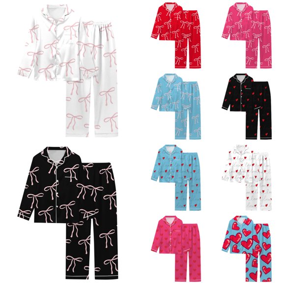 Xmyrz Valentine's Day Womens Pajama Sets Stylish Recreation Heart Shaped Printed Long Sleeved Pants Set Sleepwear Pj Outfit Sets