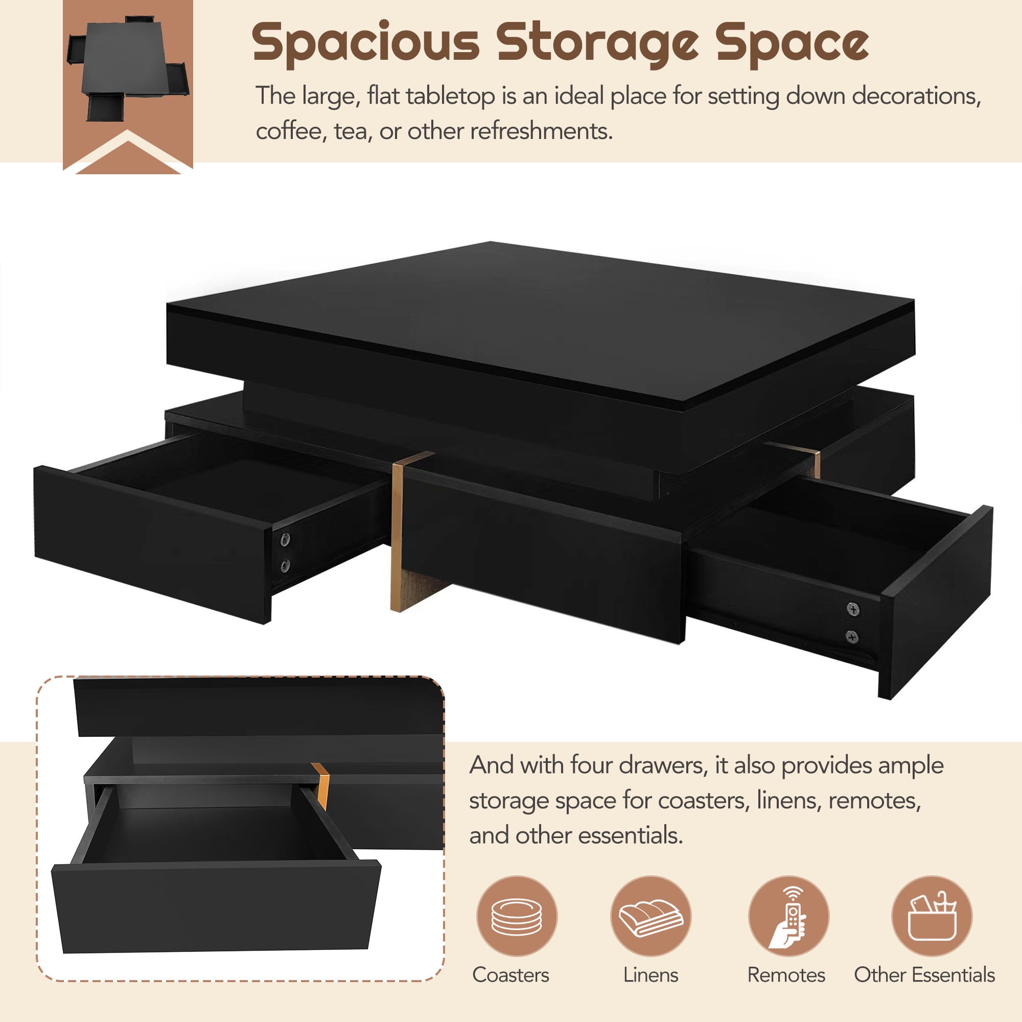 MAYEERTY Modern High Gloss Coffee Table with 4 Drawers, Multi-Storage Square Cocktail Tea Table with Wood Grain Legs, Center Table for Living Room, 31.5''x31.5'', Black