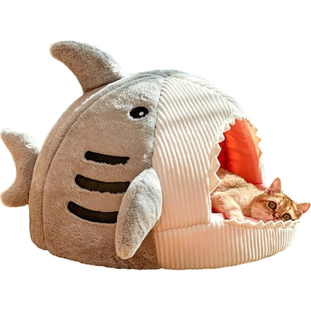z Cat Mat Shark-Shaped Kennel Kitten Bed Hideout House Warm Soft Comfortable Semi-Closed Cat Dog Nest Grey Small