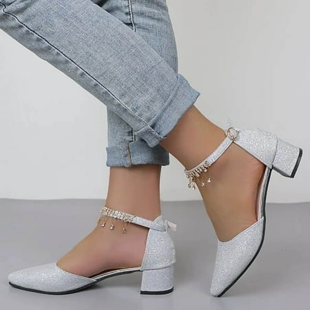 

Womens Low Mid Square Heel Ankle Strap Sandal Office Ladies Pointed Toe Pumps Shoes Heels Sandals