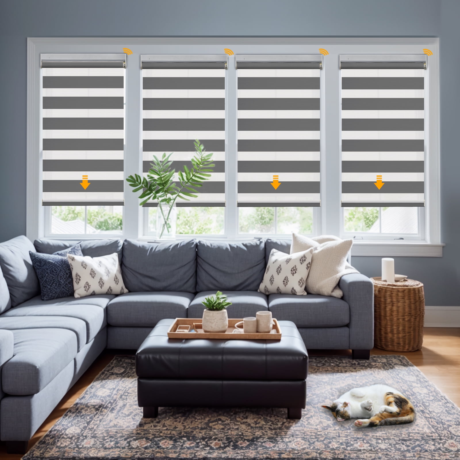 Keego No Drill No Tool Motorized Zebra Shades Blinds Remote Control Dual Layer Roller Shades Blackout Window Treatment - Charcoal, 25"W x 40"H