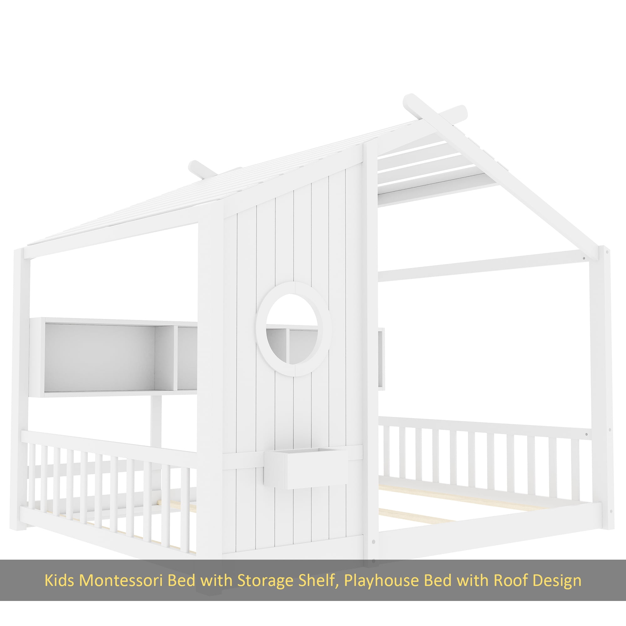 Full Size Floor House Bed for Toddler, Kids Montessori Bed with Storage Shelf, Playhouse Bed with Roof Design, White