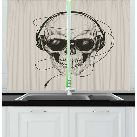 Music Curtains 2 Panels Set, Sketched Illustration of Grungy Retro Skull with Headphones Sunglasses, Window Drapes for Living Room Bedroom, 55