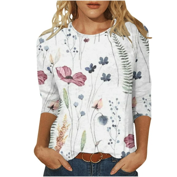 RXMEKW Womens Tops 3/4 Sleeve Womens Fashion Printed T-Shirt Mid-Length 3/4 Sleeves Blouse Round Neck Casual Tops Womens 3/4 Sleeve Tops and Blouses Cotton T Shirts Women