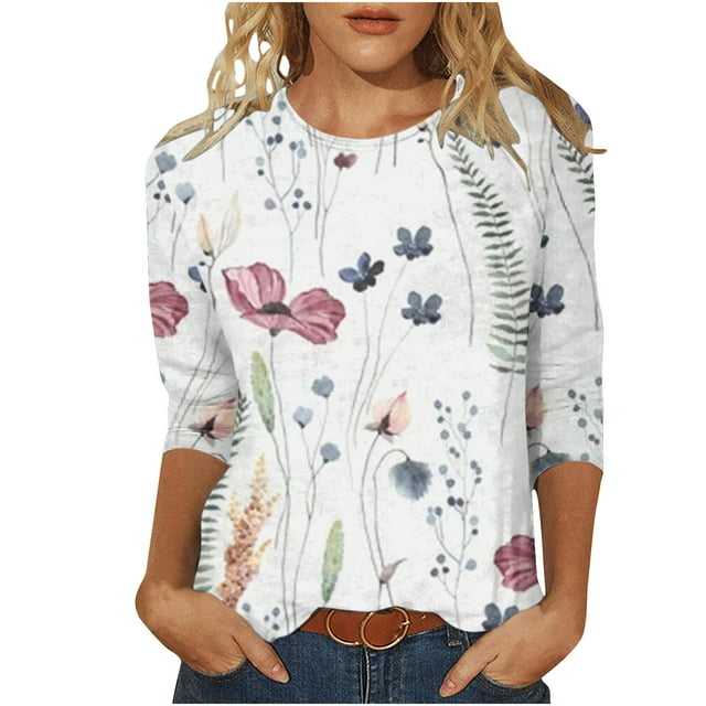 Staron Hauts pour Femmes Été à Imprimé Floral Col Rond Hauts Tendance Été Décontractés Amples Chemises à Manches 3/4 T-Shirts Mignons Légers