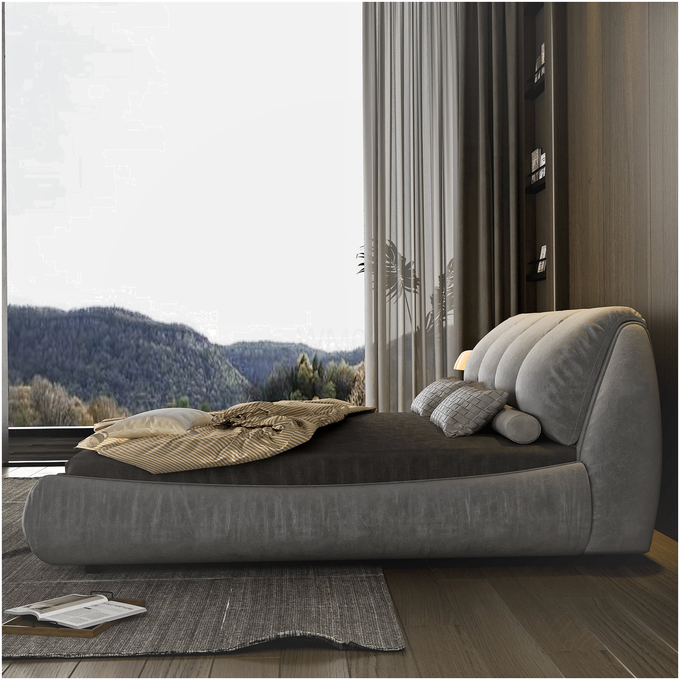 King Size Upholstered Bed Frame with Headboard, Grey Fabric Platform Bed, No Box Spring Needed, Heavy Duty Support