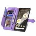 thumbnail image 6 of SaniMore Case for Google Pixel 7 Pro 6.7" 2022, PU Leather Zipper Wallet Detachable Lanyard Retro Embossed Flower Crad Slots Flip Kickstand Full Body Protective Drop-proof Case, Purple, 6 of 6