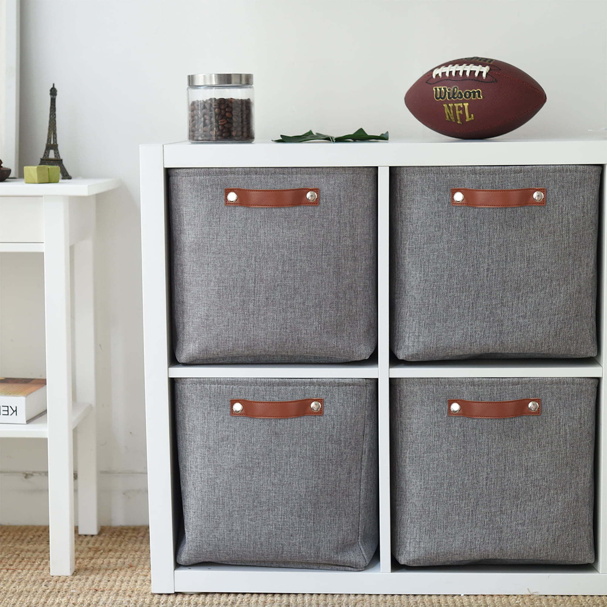 Tegance 13x13 Storage Cubes Baskets 4 Pack Fabric Cube Storage Bins Large Storage Baskets with Leather Handles,Decorative Storage Boxes for Organizing Shelves(Grey)