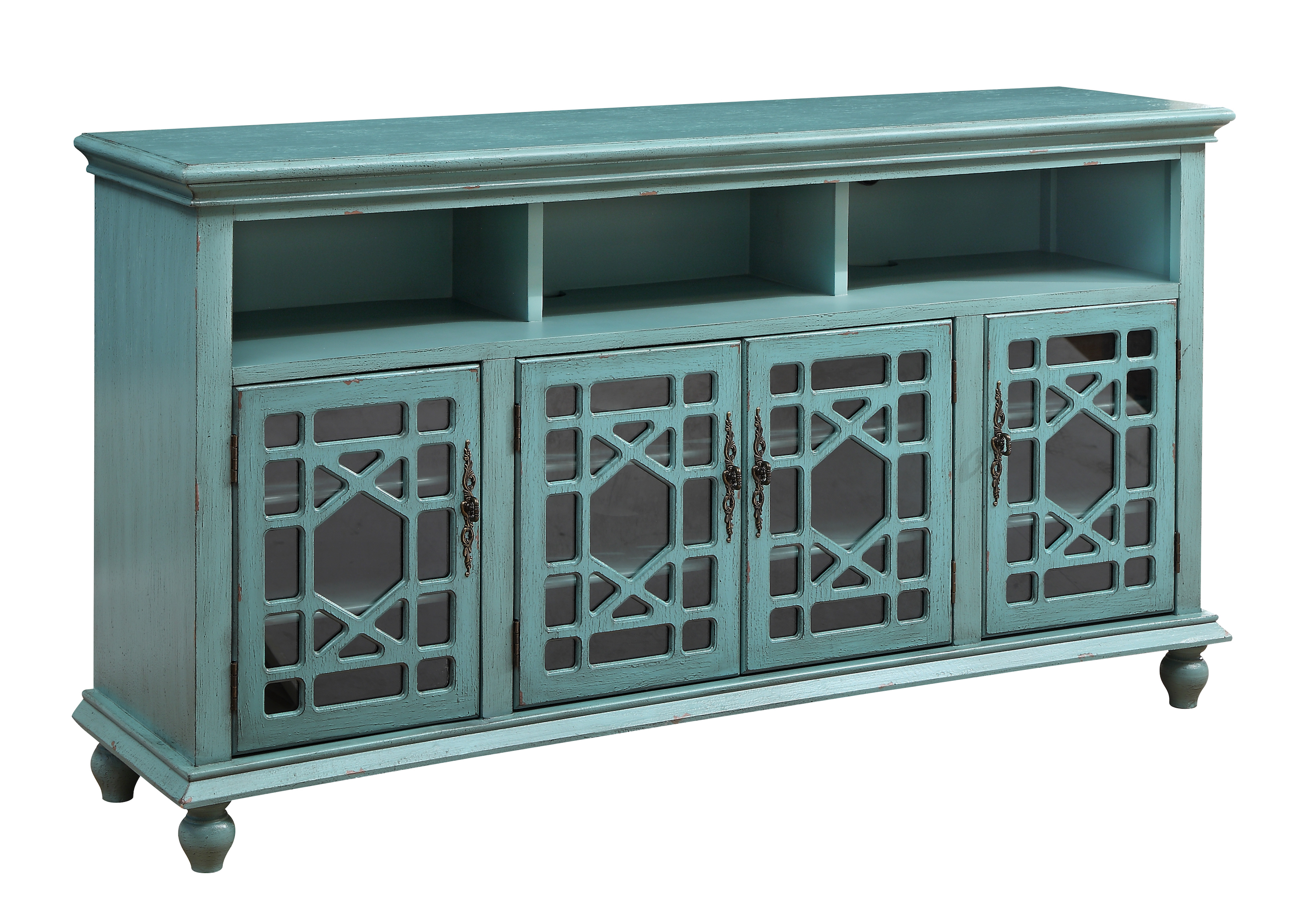 Bayberry Blue Rubthrough Four Door Media Credenza