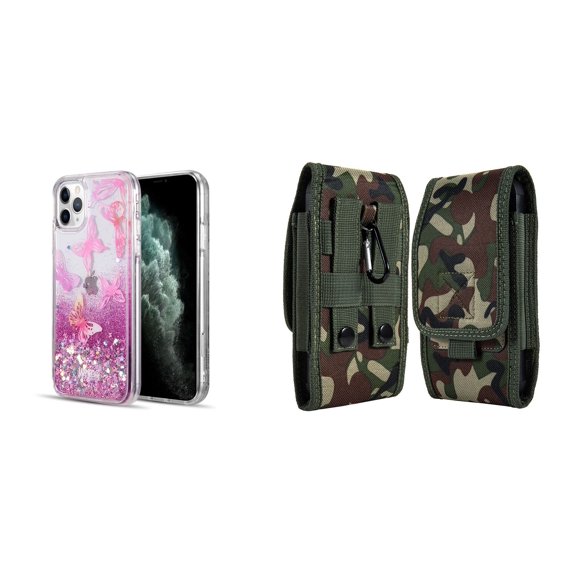Liquid Glitter Case for iPhone 14 Pro and Belt Holster Pouch (Pink Butterfly/Jungle)