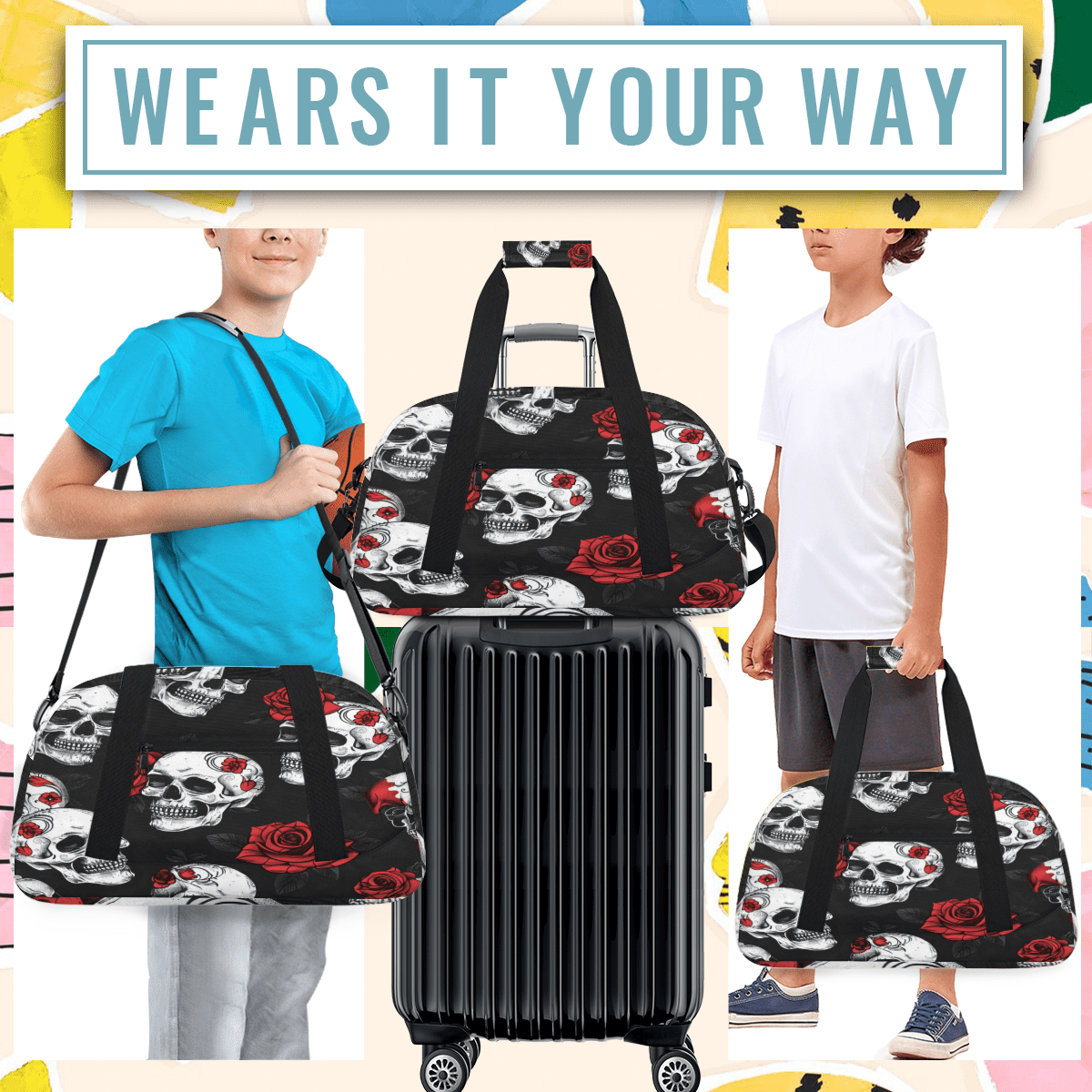 Herdesigns Skull Rose Flower Sports Duffle Bag for Women & Men, Gym Bag Dance Bag Overnight Bag Carry On Weekender Travel Bag
