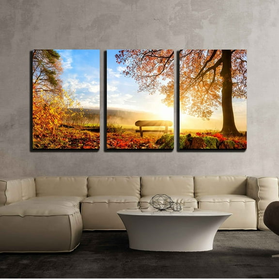wall26 - 3 Piece Canvas Wall Art - Autumn Landscape with The Sun Warmly Illumining a Bench Under a Tree - Modern Home Art Stretched and Framed Ready to Hang - 24"x36"x3 Panels