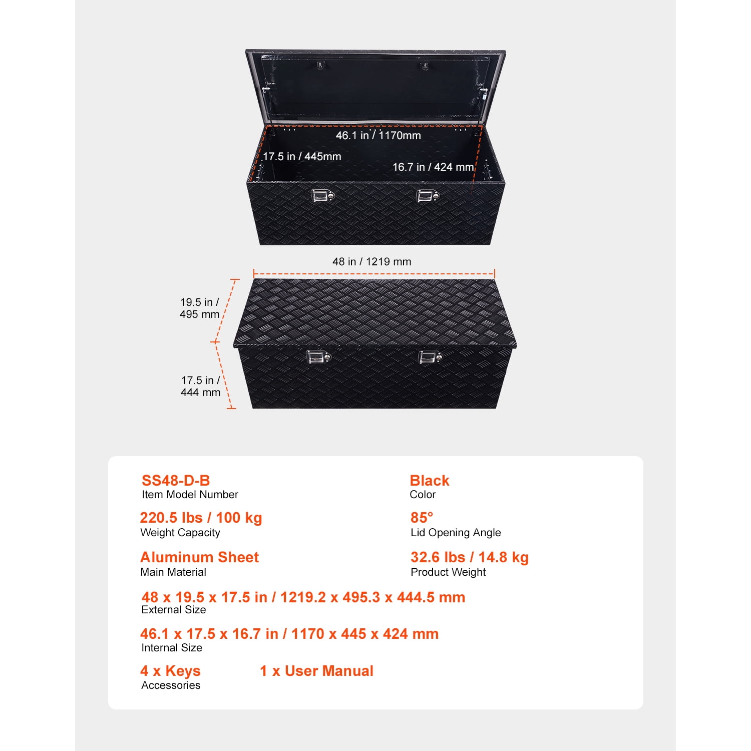 KFFKFF Heavy-Duty Aluminum Truck Bed Tool Box, Textured Storage Box with Side Handles and Locking Mechanism, Organizer Chest for Trailers, Pickups, Truck Beds, and RVs, 48"x19.5"x17.5", Black