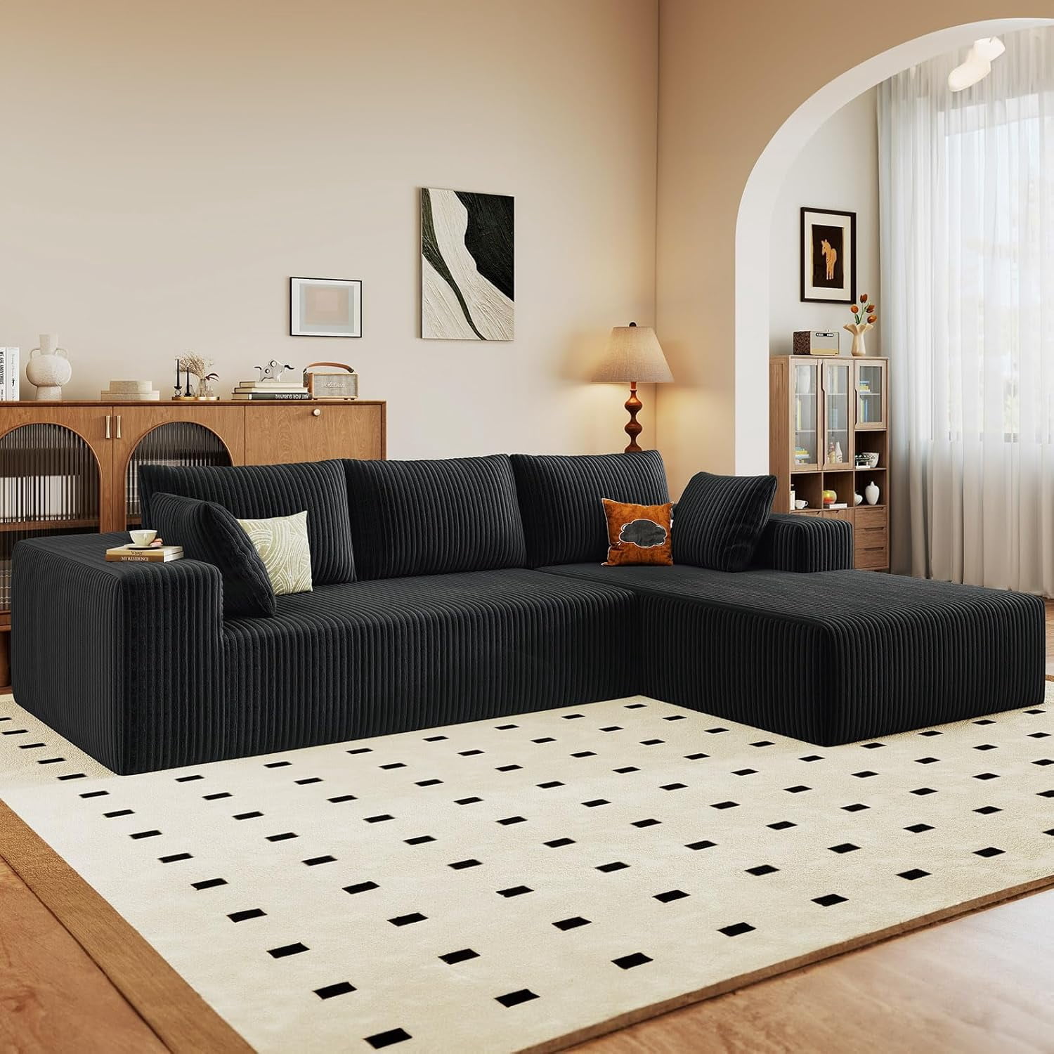 Cloud Couch Sectional, 96" L-Shaped Sofa, No Assembly Corduroy Couch with Chaise for Living Room,Black