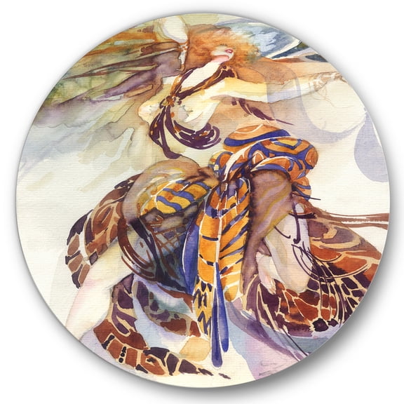 Designart 'Allegory of Paradise Bird Woman Portrait' Traditional Circle Metal Wall Art 36x36 - Disc of 36
