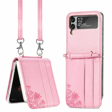 Z Flip 3 Case, Galaxy Z Flip 3 Wallet Case, Allytech Premium PU Leather Protection Wallet Case with Cards Holders Shoulder Strap Phone Cover Case for Samsung Galaxy Z Flip 3 2021 5G, Pink