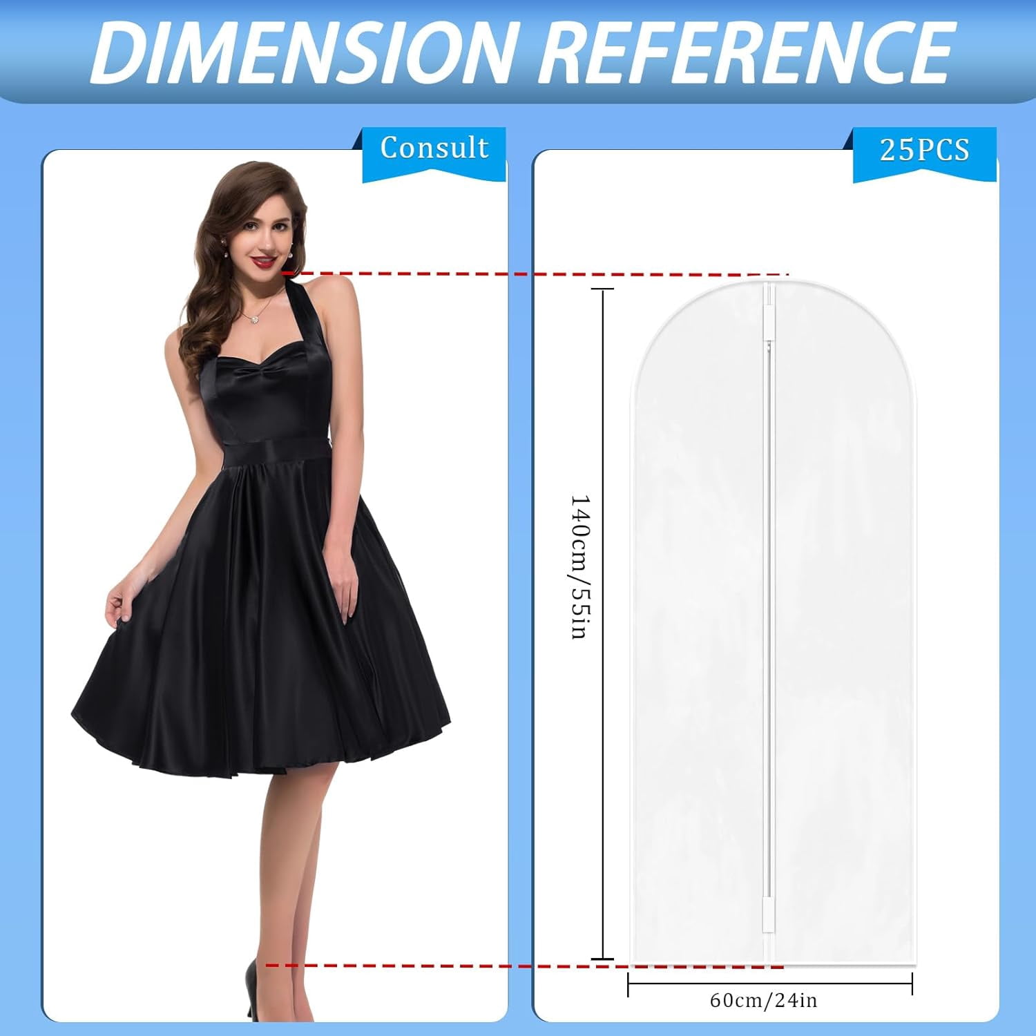 25 Pack 55" Hanging Clear Plastic Garment Bags with Zipper Translucent Long Dress Bags Clothes Cover for Closet Storage and Travel