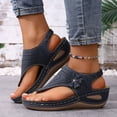thumbnail image 3 of Rokment Boho Flower Orthopedic Wedges Flip Flops for Women Summer Beach Comfortable Casual Leather Arch Support Platform Walking Sandals Fashion Casual Mid Heel Slingback Dress Sandals Navy Size 7.5, 3 of 5