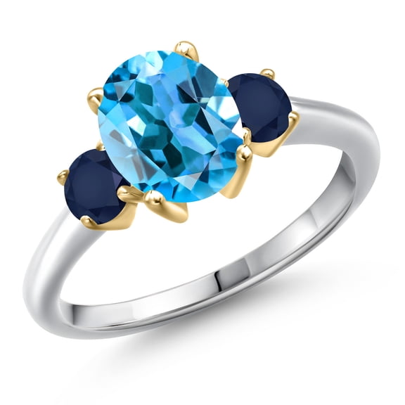 Gem Stone King 925 Silver and 10K Yellow Gold Swiss Blue Topaz and Blue Sapphire Engagement Ring for Women | 2.95 Cttw | Oval 9X7MM | Gemstone November Birthstone | Size 6