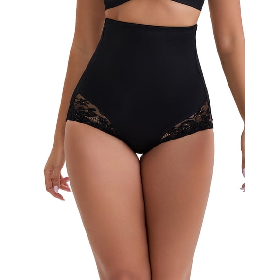 INSPIRE CHIC Women's High-Waisted Butt Lifting Underwear Tummy Control Ice Silk Lace Trim Breathable Control Panties M Black