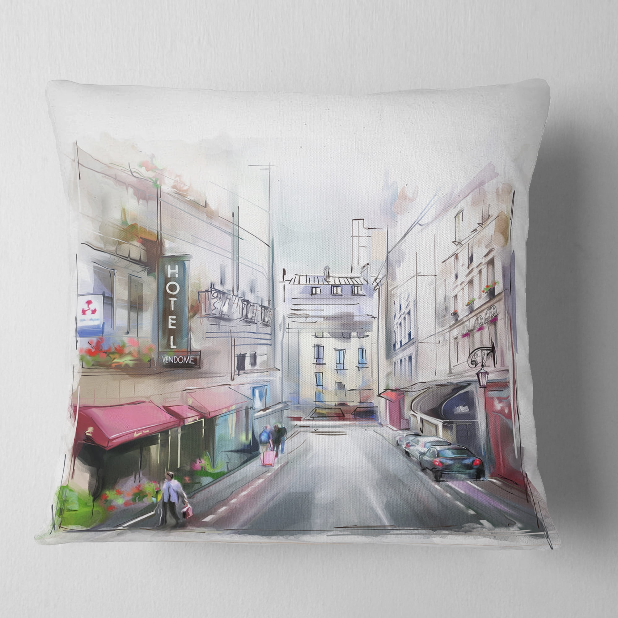 Designart City Street Illustration - Cityscape Throw Pillow - 16x16