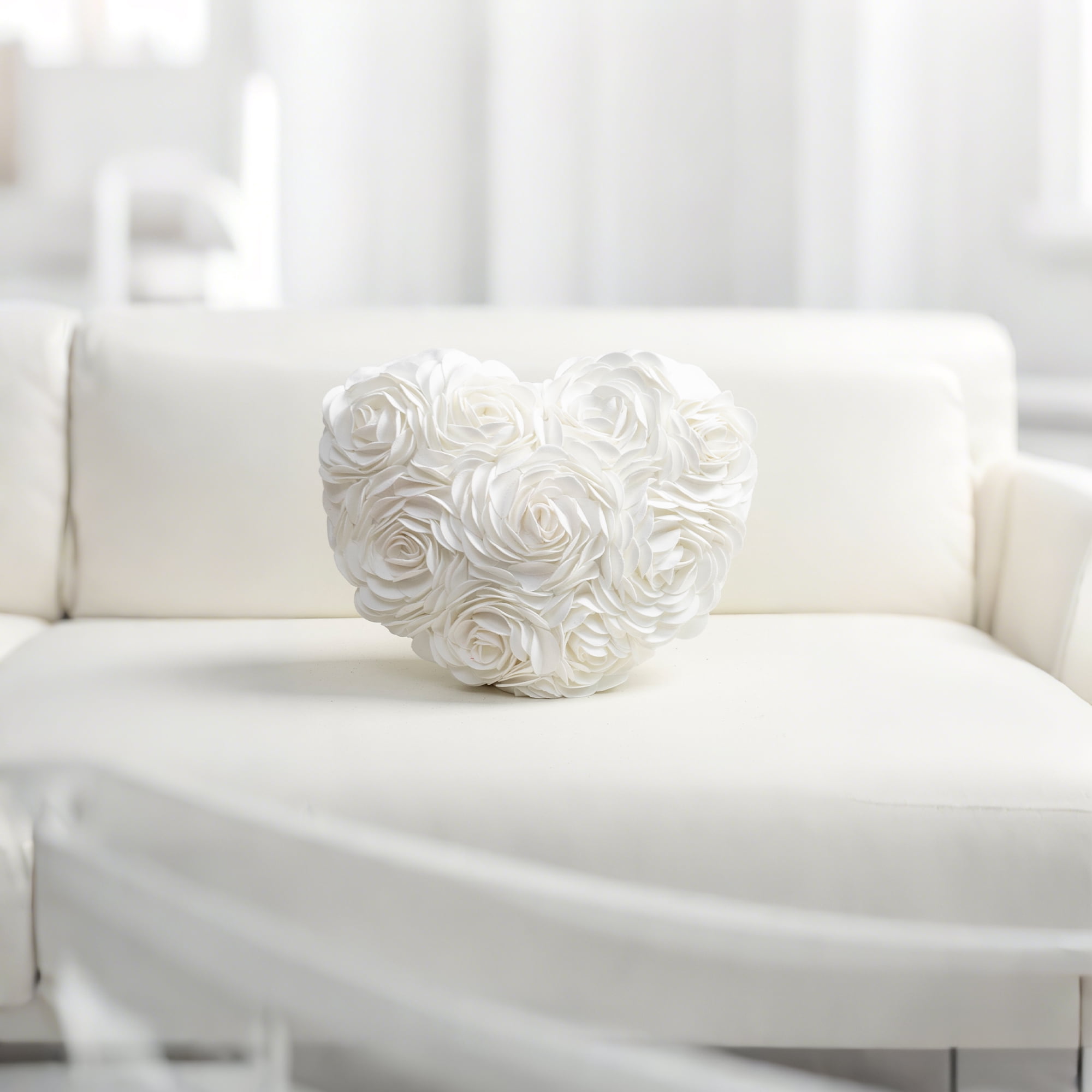 JWH 3D Rose Flower Valentine Day Gift Throw Pillows Heart Shape for Decor and Gift 13 x 16inch White