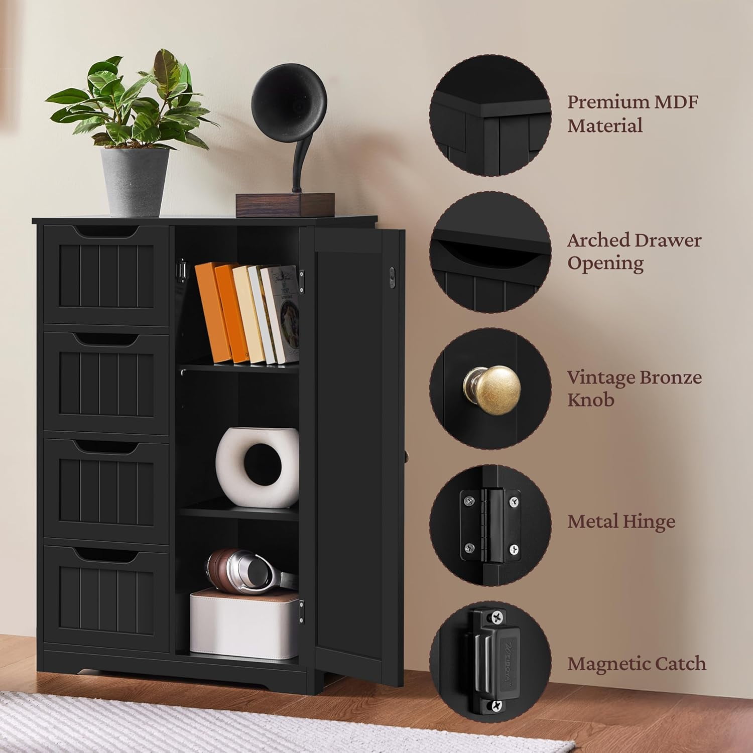 Wooden Bathroom Floor/Side Storage Organizer Cabinet with 4 Drawers and 1 Cupboard, Freestanding Entryway Storage Unit Console Table for Home Decor