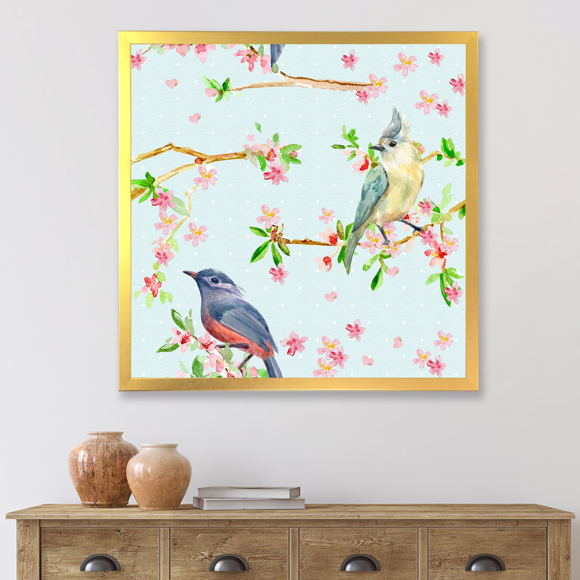 Designart 'Birds and Flowers Pattern In Blue' Traditional Framed Art Print