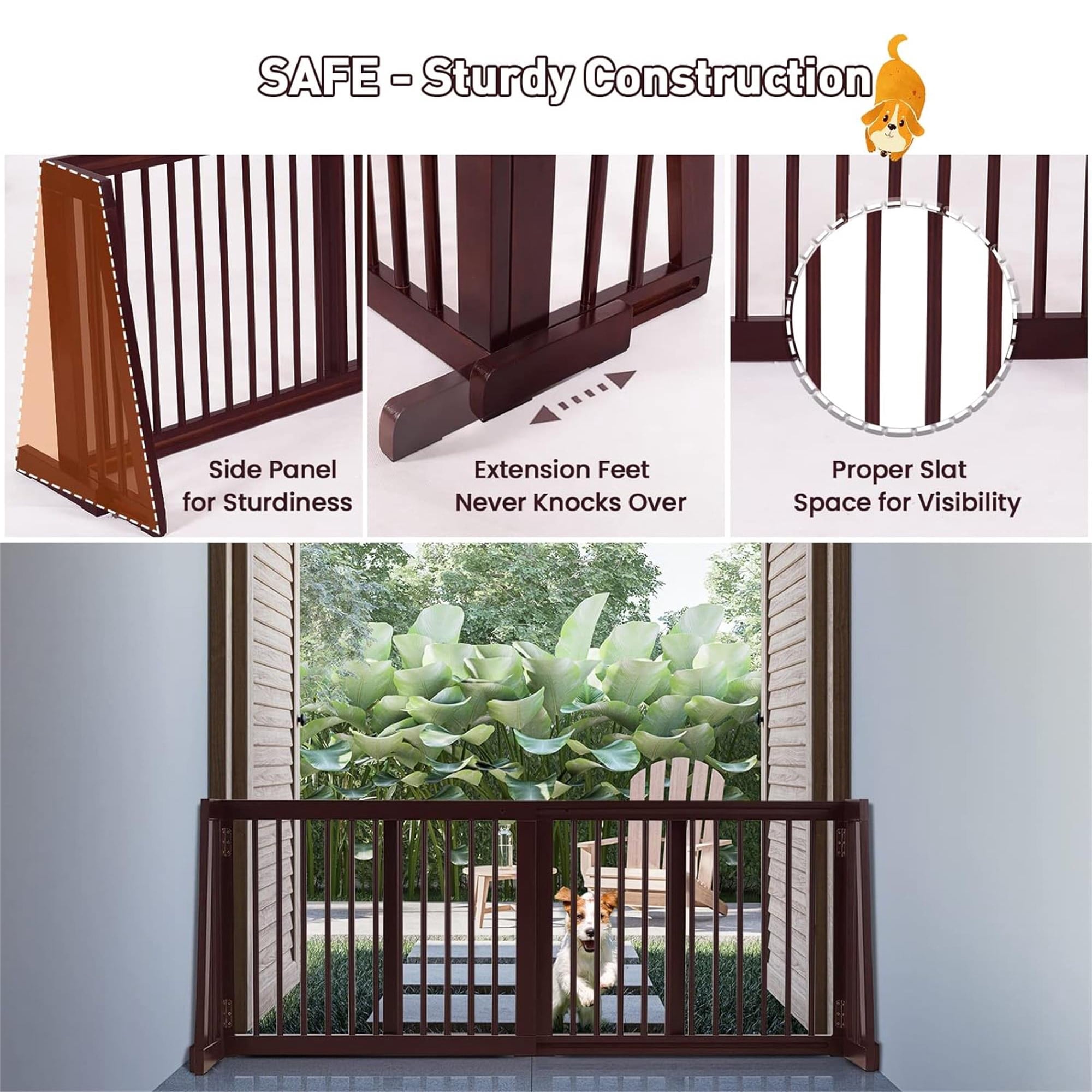 Pefilos 20"-80" Adjustable Wooden Dog Fence Indoor, Freestanding Pet Gates for Dogs, Step Over Dog Gate Extra Wide for House, Doorways, Stairs, Brown
