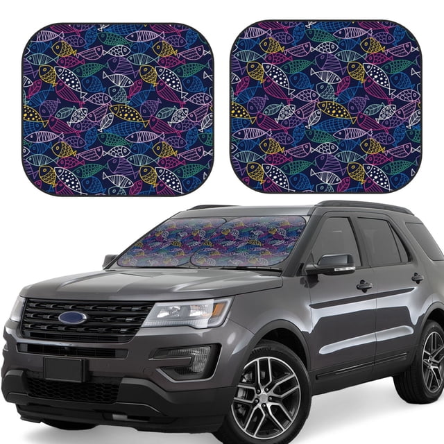 KLL Cute Line Fish for Windshield Sun Shade 2-Piece Foldable Car Front Window Sunshade for Most Sedans SUV Truck-Small