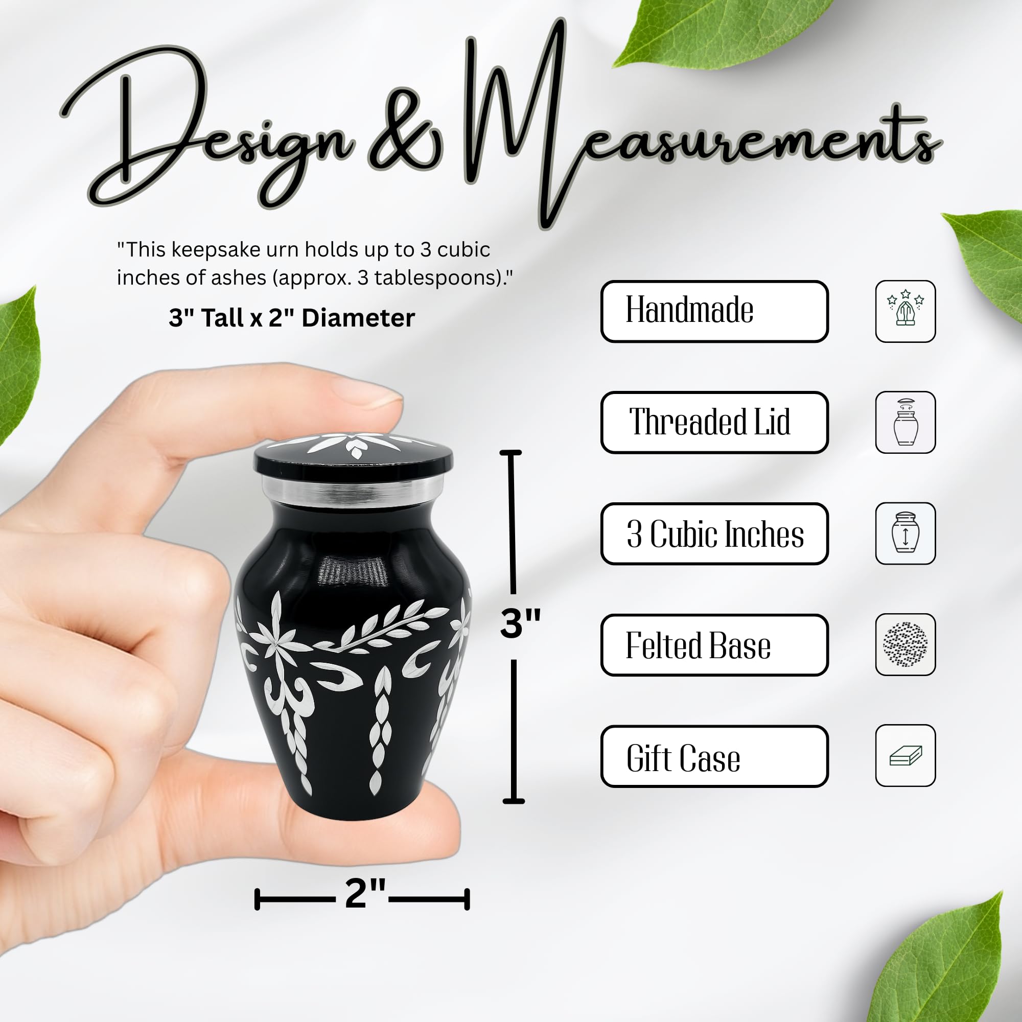 Nova Niche Black Small Cremation Urn for Human Ashes – Handicrafted Memorial Keepsake with Velvet Box.(3"cu.in)